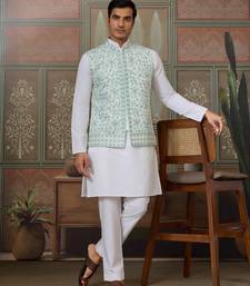 WHITE GREEN SILK REAL MIRROR WITH THREAD EMBROIDERED WORK WEDDING FESTIVAL PARTY WEAR STRAIGHT KURTA WITH JACKE AND PANT