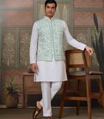 White green silk real mirror with thread embroidered work wedding festival party wear straight kurta with jacke and pant