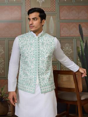 WHITE GREEN SILK REAL MIRROR WITH THREAD EMBROIDERED WORK WEDDING FESTIVAL PARTY WEAR STRAIGHT KURTA WITH JACKE AND PANT 3