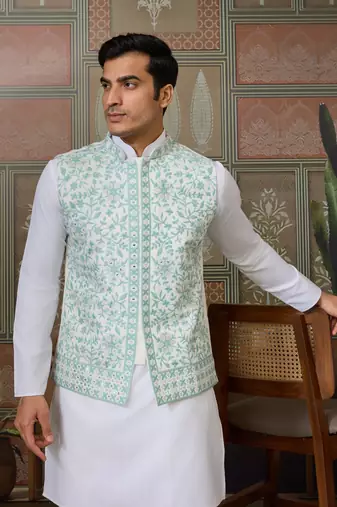 WHITE GREEN SILK REAL MIRROR WITH THREAD EMBROIDERED WORK WEDDING FESTIVAL PARTY WEAR STRAIGHT KURTA WITH JACKE AND PANT
