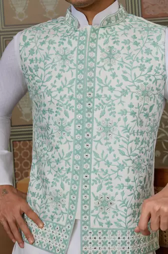 WHITE GREEN SILK REAL MIRROR WITH THREAD EMBROIDERED WORK WEDDING FESTIVAL PARTY WEAR STRAIGHT KURTA WITH JACKE AND PANT