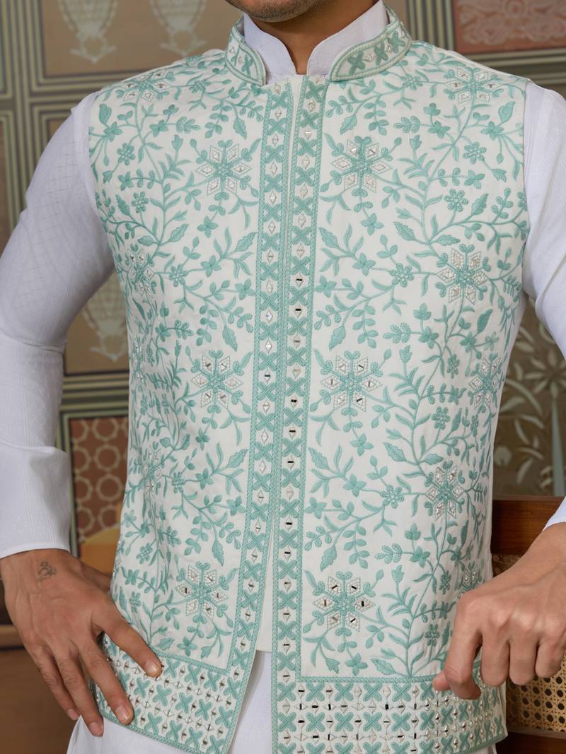 White green silk real mirror with thread embroidered work wedding festival party wear straight kurta with jacke and pant