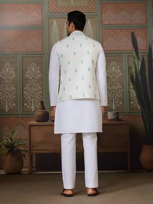 WHITE GREEN SILK REAL MIRROR WITH THREAD EMBROIDERED WORK WEDDING FESTIVAL PARTY WEAR STRAIGHT KURTA WITH JACKE AND PANT 5