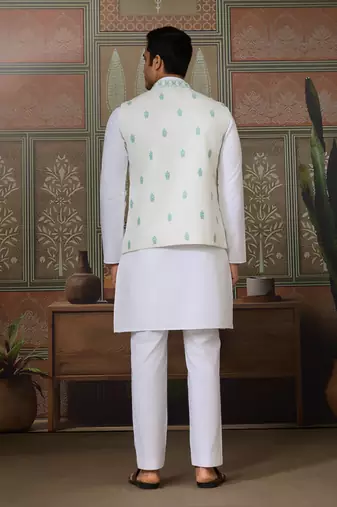 WHITE GREEN SILK REAL MIRROR WITH THREAD EMBROIDERED WORK WEDDING FESTIVAL PARTY WEAR STRAIGHT KURTA WITH JACKE AND PANT