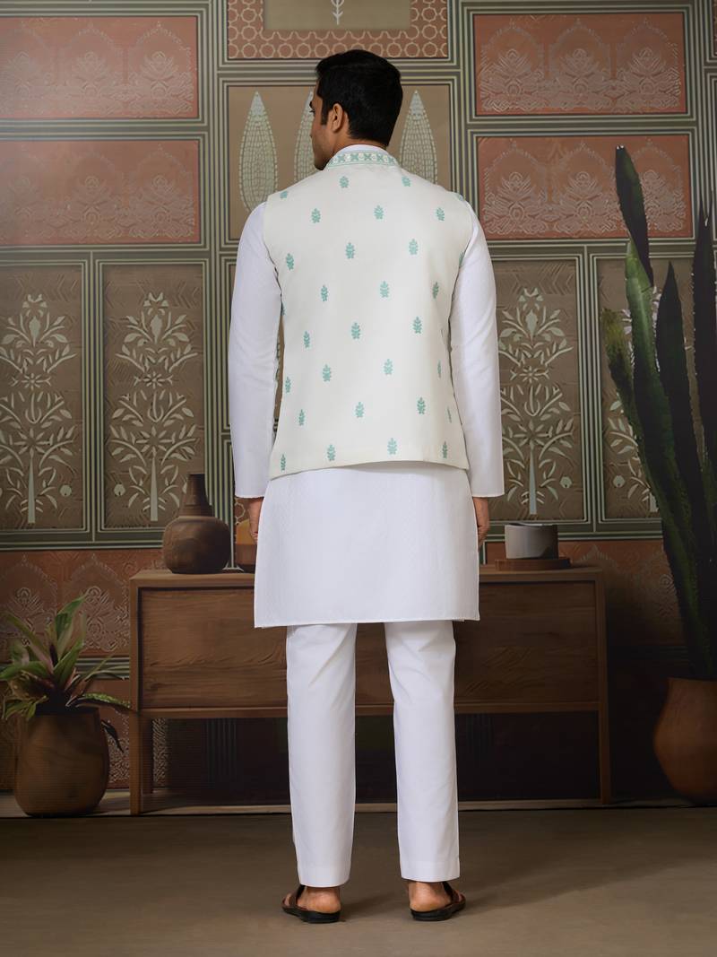 White green silk real mirror with thread embroidered work wedding festival party wear straight kurta with jacke and pant
