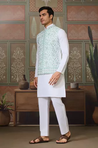 WHITE GREEN SILK REAL MIRROR WITH THREAD EMBROIDERED WORK WEDDING FESTIVAL PARTY WEAR STRAIGHT KURTA WITH JACKE AND PANT