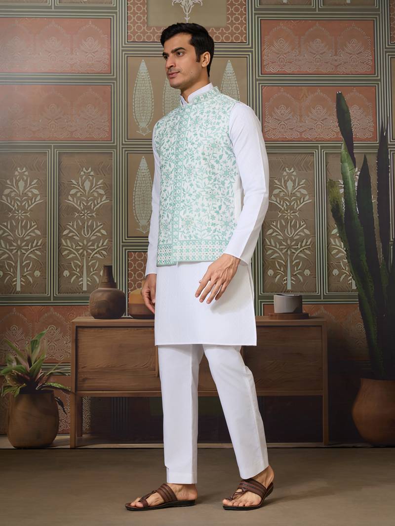 White green silk real mirror with thread embroidered work wedding festival party wear straight kurta with jacke and pant
