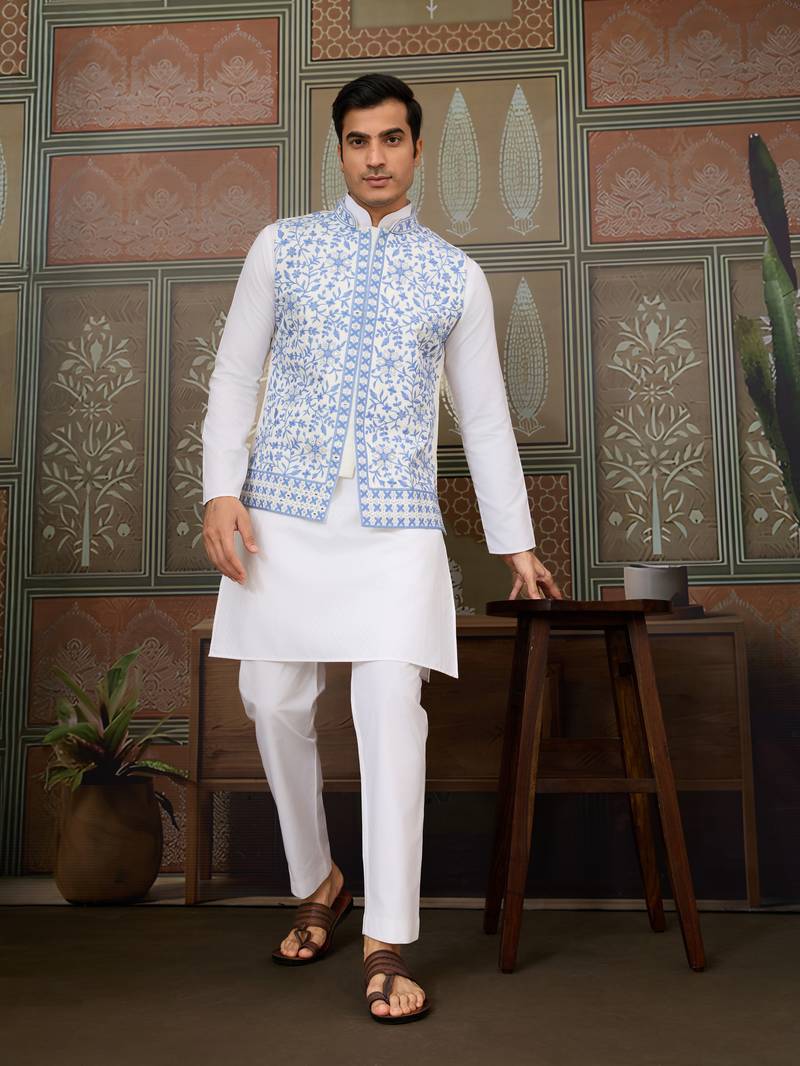 White blue silk real mirror with thread embroidered work wedding festival party wear straight kurta with jacke and pant