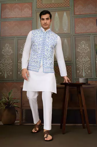 White blue silk real mirror with thread embroidered work wedding festival party wear straight kurta with jacke and pant