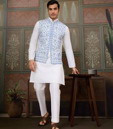 WHITE BLUE SILK REAL MIRROR WITH THREAD EMBROIDERED WORK WEDDING FESTIVAL PARTY WEAR STRAIGHT KURTA WITH JACKE AND PANT