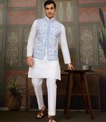 White blue silk real mirror with thread embroidered work wedding festival party wear straight kurta with jacke and pant