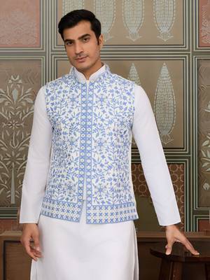 WHITE BLUE SILK REAL MIRROR WITH THREAD EMBROIDERED WORK WEDDING FESTIVAL PARTY WEAR STRAIGHT KURTA WITH JACKE AND PANT 3