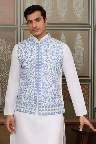 WHITE BLUE SILK REAL MIRROR WITH THREAD EMBROIDERED WORK WEDDING FESTIVAL PARTY WEAR STRAIGHT KURTA WITH JACKE AND PANT