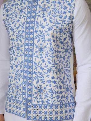 WHITE BLUE SILK REAL MIRROR WITH THREAD EMBROIDERED WORK WEDDING FESTIVAL PARTY WEAR STRAIGHT KURTA WITH JACKE AND PANT 4
