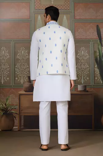 WHITE BLUE SILK REAL MIRROR WITH THREAD EMBROIDERED WORK WEDDING FESTIVAL PARTY WEAR STRAIGHT KURTA WITH JACKE AND PANT