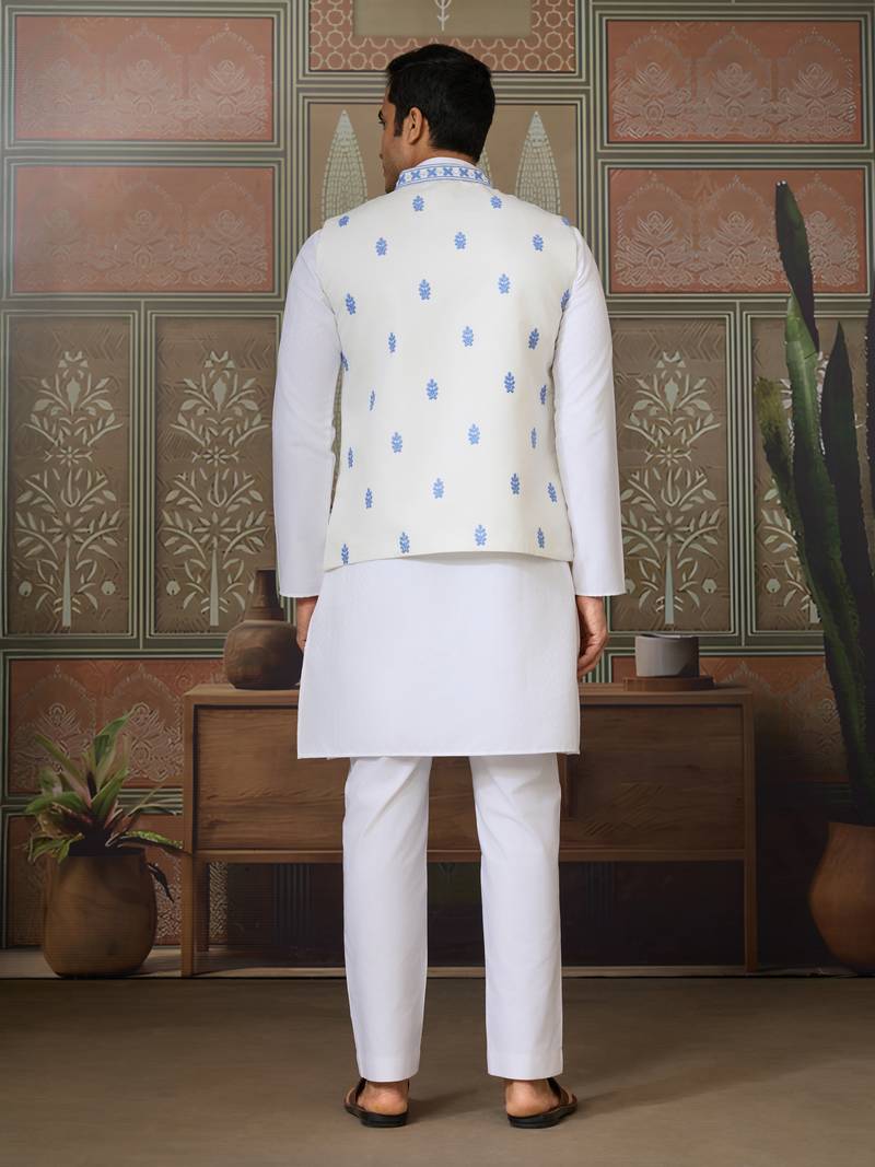 White blue silk real mirror with thread embroidered work wedding festival party wear straight kurta with jacke and pant