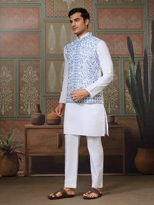 WHITE BLUE SILK REAL MIRROR WITH THREAD EMBROIDERED WORK WEDDING FESTIVAL PARTY WEAR STRAIGHT KURTA WITH JACKE AND PANT 6