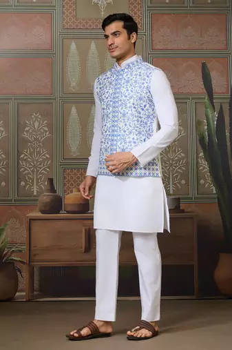 WHITE BLUE SILK REAL MIRROR WITH THREAD EMBROIDERED WORK WEDDING FESTIVAL PARTY WEAR STRAIGHT KURTA WITH JACKE AND PANT