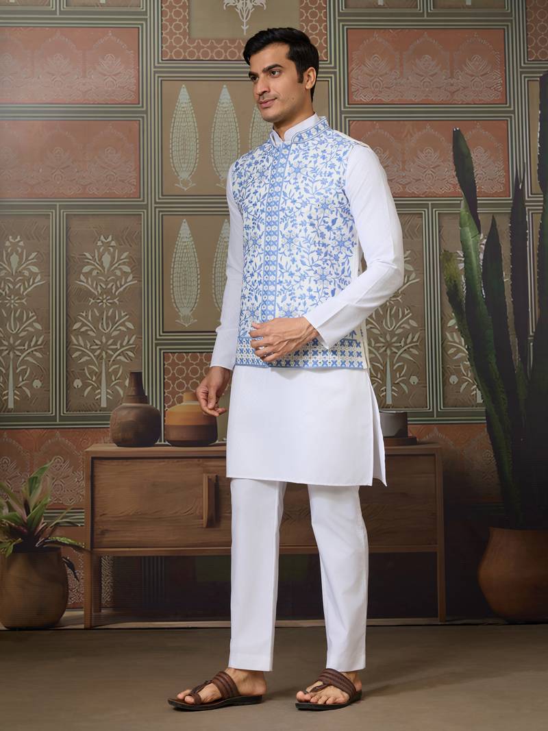 White blue silk real mirror with thread embroidered work wedding festival party wear straight kurta with jacke and pant
