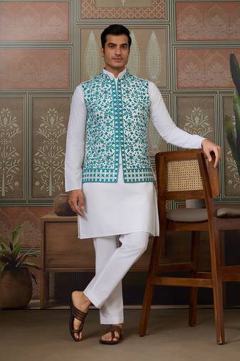 White turquoise silk real mirror with thread embroidered work festival party wear straight kurta with jacke and pant