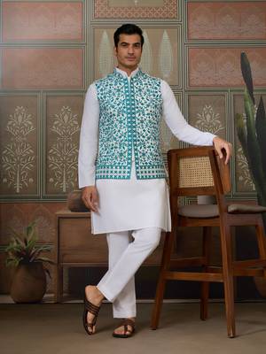 WHITE TURQUOISE SILK REAL MIRROR WITH THREAD EMBROIDERED WORK FESTIVAL PARTY WEAR STRAIGHT KURTA WITH JACKE AND PANT 1