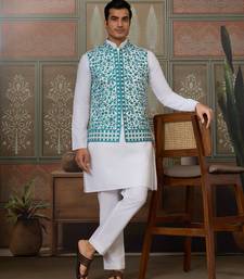 WHITE TURQUOISE SILK REAL MIRROR WITH THREAD EMBROIDERED WORK FESTIVAL PARTY WEAR STRAIGHT KURTA WITH JACKE AND PANT