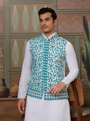 WHITE TURQUOISE SILK REAL MIRROR WITH THREAD EMBROIDERED WORK FESTIVAL PARTY WEAR STRAIGHT KURTA WITH JACKE AND PANT 3