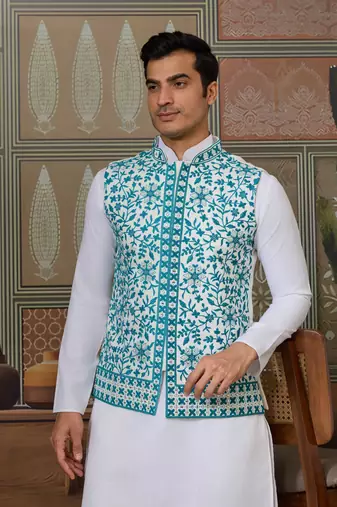 WHITE TURQUOISE SILK REAL MIRROR WITH THREAD EMBROIDERED WORK FESTIVAL PARTY WEAR STRAIGHT KURTA WITH JACKE AND PANT
