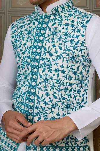 WHITE TURQUOISE SILK REAL MIRROR WITH THREAD EMBROIDERED WORK FESTIVAL PARTY WEAR STRAIGHT KURTA WITH JACKE AND PANT