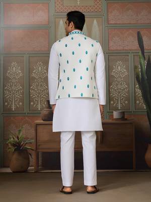 WHITE TURQUOISE SILK REAL MIRROR WITH THREAD EMBROIDERED WORK FESTIVAL PARTY WEAR STRAIGHT KURTA WITH JACKE AND PANT 5