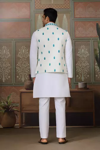 WHITE TURQUOISE SILK REAL MIRROR WITH THREAD EMBROIDERED WORK FESTIVAL PARTY WEAR STRAIGHT KURTA WITH JACKE AND PANT