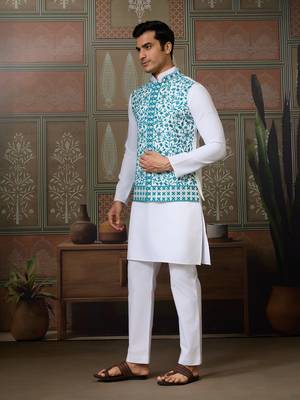 WHITE TURQUOISE SILK REAL MIRROR WITH THREAD EMBROIDERED WORK FESTIVAL PARTY WEAR STRAIGHT KURTA WITH JACKE AND PANT 6