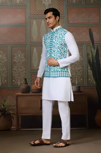 WHITE TURQUOISE SILK REAL MIRROR WITH THREAD EMBROIDERED WORK FESTIVAL PARTY WEAR STRAIGHT KURTA WITH JACKE AND PANT