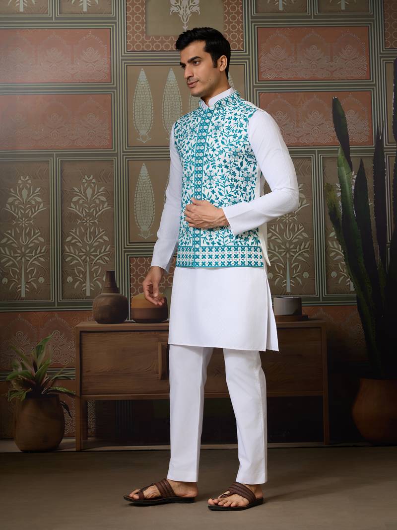 White turquoise silk real mirror with thread embroidered work festival party wear straight kurta with jacke and pant