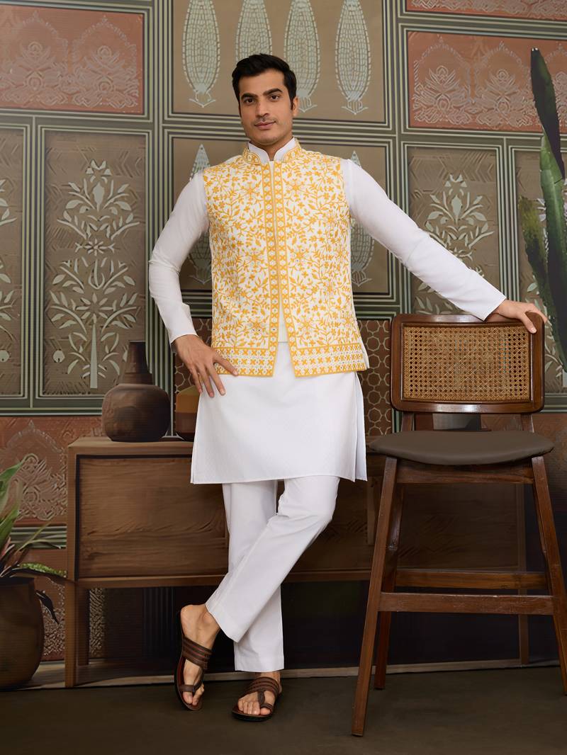White yellow silk real mirror with thread embroidered work festival party wear straight kurta with jacke and pant