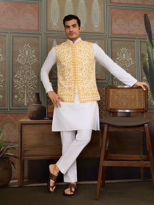 WHITE YELLOW SILK REAL MIRROR WITH THREAD EMBROIDERED WORK FESTIVAL PARTY WEAR STRAIGHT KURTA WITH JACKE AND PANT 1