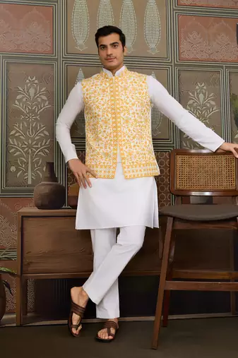 White yellow silk real mirror with thread embroidered work festival party wear straight kurta with jacke and pant