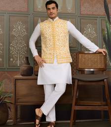 WHITE YELLOW SILK REAL MIRROR WITH THREAD EMBROIDERED WORK FESTIVAL PARTY WEAR STRAIGHT KURTA WITH JACKE AND PANT