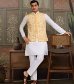 White yellow silk real mirror with thread embroidered work festival party wear straight kurta with jacke and pant