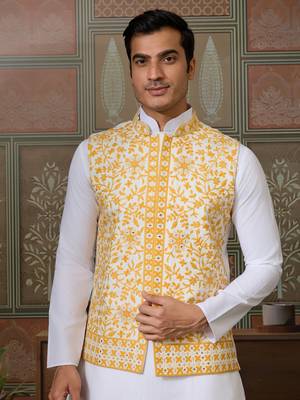 WHITE YELLOW SILK REAL MIRROR WITH THREAD EMBROIDERED WORK FESTIVAL PARTY WEAR STRAIGHT KURTA WITH JACKE AND PANT 3