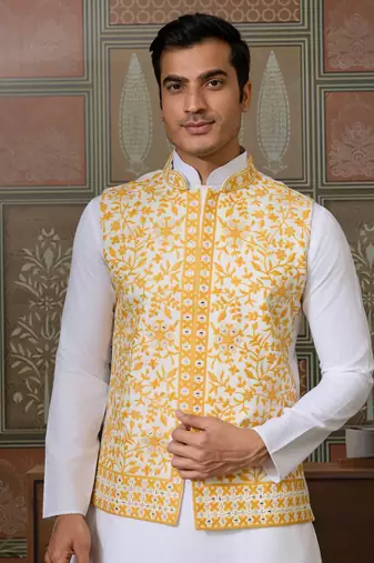 WHITE YELLOW SILK REAL MIRROR WITH THREAD EMBROIDERED WORK FESTIVAL PARTY WEAR STRAIGHT KURTA WITH JACKE AND PANT
