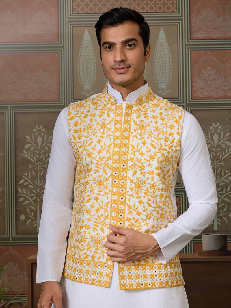 White yellow silk real mirror with thread embroidered work festival party wear straight kurta with jacke and pant