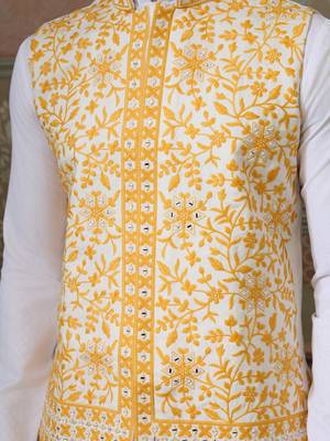 WHITE YELLOW SILK REAL MIRROR WITH THREAD EMBROIDERED WORK FESTIVAL PARTY WEAR STRAIGHT KURTA WITH JACKE AND PANT 4