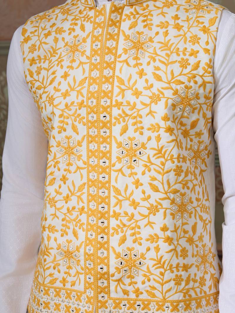White yellow silk real mirror with thread embroidered work festival party wear straight kurta with jacke and pant