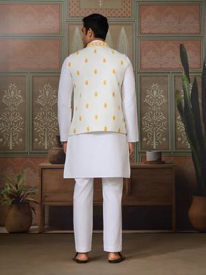 WHITE YELLOW SILK REAL MIRROR WITH THREAD EMBROIDERED WORK FESTIVAL PARTY WEAR STRAIGHT KURTA WITH JACKE AND PANT 5