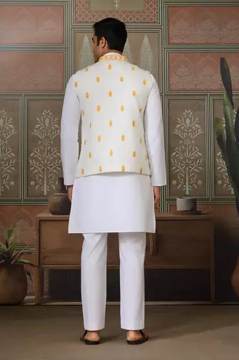 WHITE YELLOW SILK REAL MIRROR WITH THREAD EMBROIDERED WORK FESTIVAL PARTY WEAR STRAIGHT KURTA WITH JACKE AND PANT