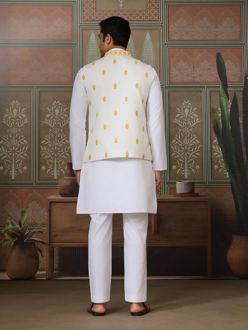 White yellow silk real mirror with thread embroidered work festival party wear straight kurta with jacke and pant