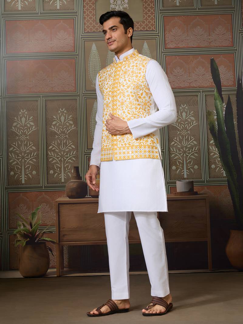 White yellow silk real mirror with thread embroidered work festival party wear straight kurta with jacke and pant