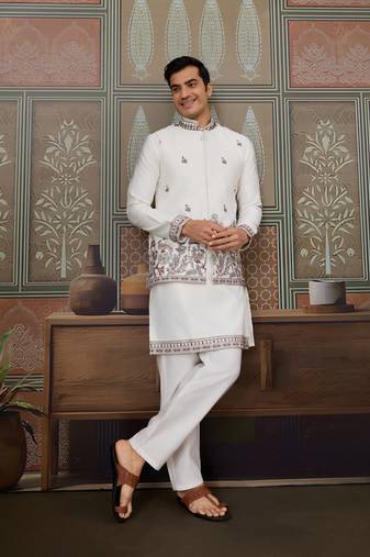 White silk premium thread & sequins embroidered work wedding festival party wear straight kurta with jacke and pant