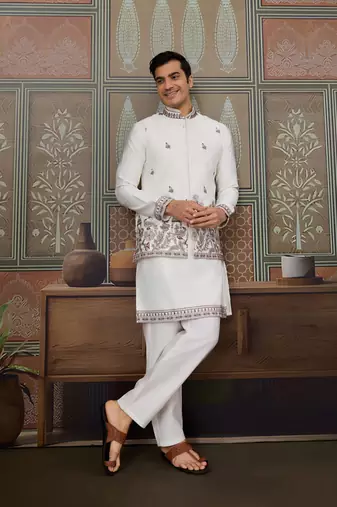 White silk premium thread & sequins embroidered work wedding festival party wear straight kurta with jacke and pant